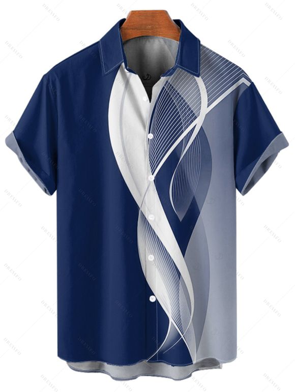Chemise à manches retroussables pour homme, imprimée de lignes abstraites, chemise décontractée à manches courtes et boutonnée - Bleu 5XL