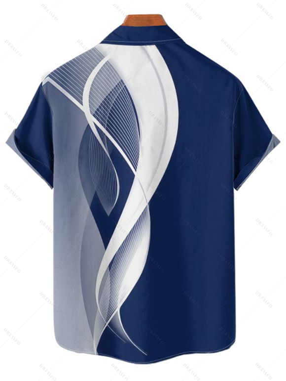 Chemise à manches retroussables pour homme, imprimée de lignes abstraites, chemise décontractée à manches courtes et boutonnée - Bleu 4XL