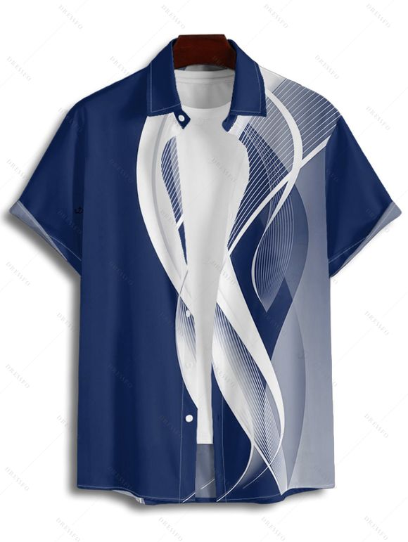 Chemise à manches retroussables pour homme, imprimée de lignes abstraites, chemise décontractée à manches courtes et boutonnée - Bleu 4XL