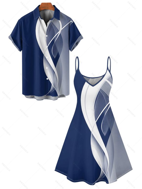 Abstract Lines Print V Neck High Waist Spaghetti Strap Dress and Roll Up Sleeve Shirt Outfit - Bleu S | US 4