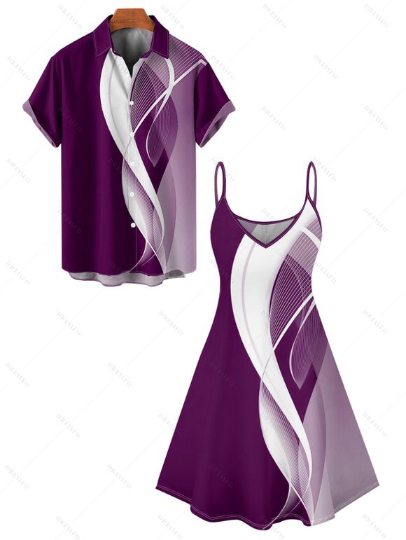 Abstract Lines Print V Neck High Waist Spaghetti Strap Dress and Roll Up Sleeve Shirt Outfit - Concorde S | US 4