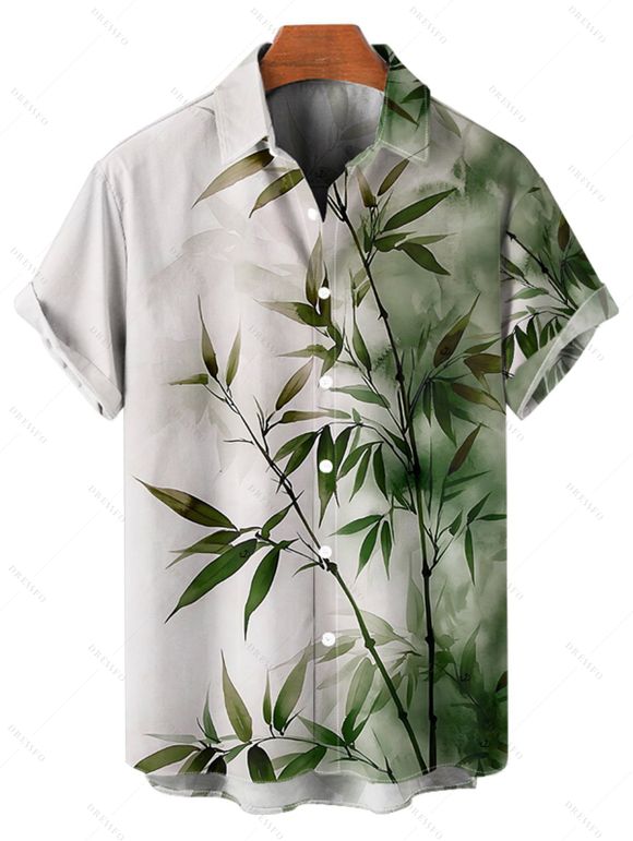 Chemise de vacances à motif de feuilles de bambou ombré pour homme, chemise décontractée à manches courtes et boutonnée et retroussable - Vert profond 5XL