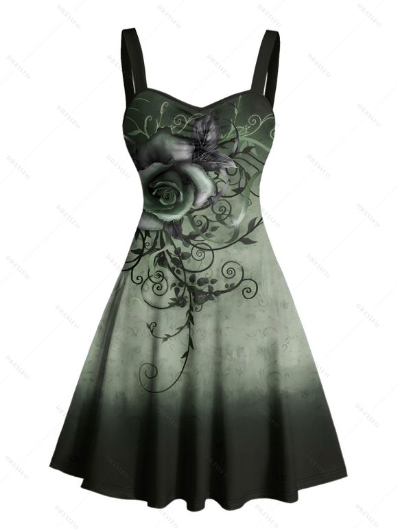Robe de vacances à motif tourbillonnant de fleurs et de feuilles ombrées, buste froncé, col en cœur, robe trapèze mini décontractée - Vert profond XXXXXL | US 20