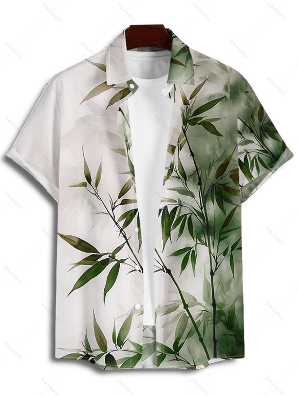 Chemise de vacances à motif de feuilles de bambou ombré pour homme, chemise décontractée à manches courtes et boutonnée et retroussable - Vert profond 2XL