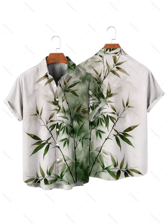 Chemise de vacances à motif de feuilles de bambou ombré pour homme, chemise décontractée à manches courtes et boutonnée et retroussable - Vert profond 2XL
