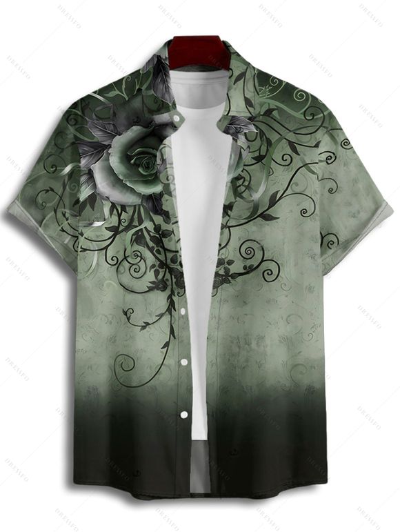 Chemise de vacances décontractée à manches courtes et boutons pour homme, motif tourbillon de fleurs et de feuilles ombré - Vert profond 4XL