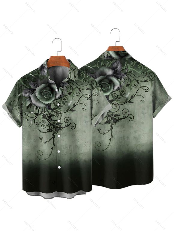 Chemise de vacances décontractée à manches courtes et boutons pour homme, motif tourbillon de fleurs et de feuilles ombré - Vert profond 4XL