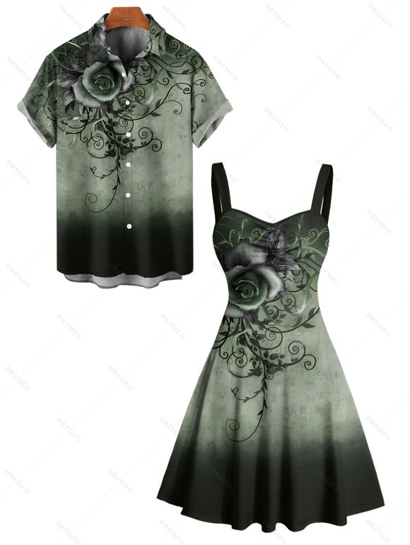 Vacation Couple Outfit Ombre Flower Leaf Swirl Pattern Ruched Bust Sweetheart Neck A Line Mini Dress and Button Up Shirt Casual Matching Outfit - Vert profond S | US 4
