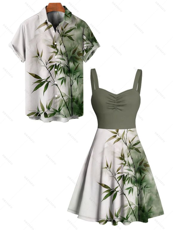 Vacation Couple Outfit Ombre Bamboo Leaf Pattern Ruched Bust Dress and Button Up Shirt Casual Matching Outfit - Vert profond S | US 4