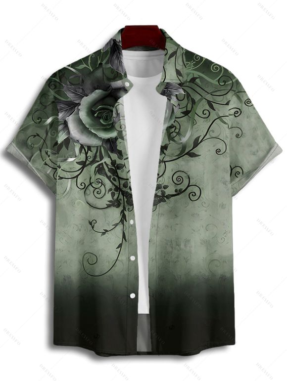 Vacation Couple Outfit Ombre Flower Leaf Swirl Pattern Ruched Bust Sweetheart Neck A Line Mini Dress and Button Up Shirt Casual Matching Outfit - Vert profond S | US 4