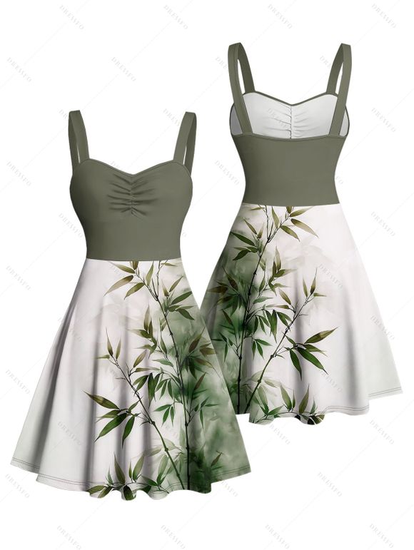 Vacation Couple Outfit Ombre Bamboo Leaf Pattern Ruched Bust Dress and Button Up Shirt Casual Matching Outfit - Vert profond S | US 4