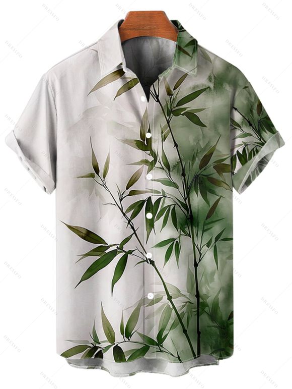 Vacation Couple Outfit Ombre Bamboo Leaf Pattern Ruched Bust Dress and Button Up Shirt Casual Matching Outfit - Vert profond S | US 4