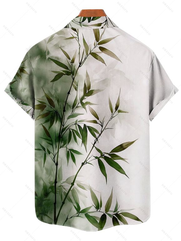 Vacation Couple Outfit Ombre Bamboo Leaf Pattern Ruched Bust Dress and Button Up Shirt Casual Matching Outfit - Vert profond S | US 4