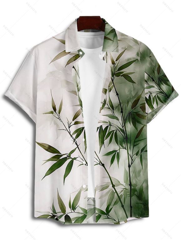 Vacation Couple Outfit Ombre Bamboo Leaf Pattern Ruched Bust Dress and Button Up Shirt Casual Matching Outfit - Vert profond S | US 4