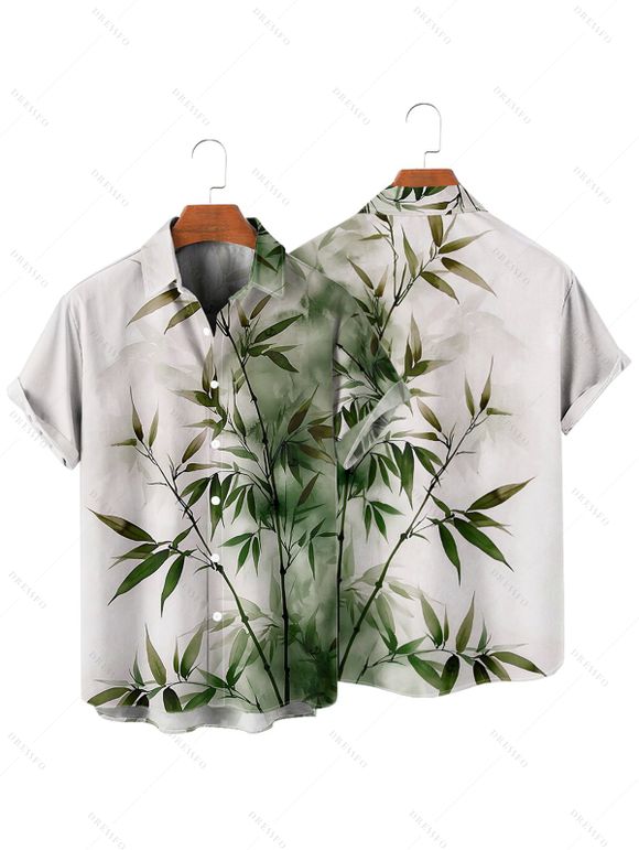 Vacation Couple Outfit Ombre Bamboo Leaf Pattern Ruched Bust Dress and Button Up Shirt Casual Matching Outfit - Vert profond S | US 4