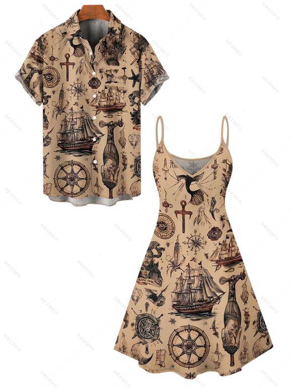 Vacation Couple Outfit Ocean Elements Ship Anchor Cross Pattern Spaghetti Strap Tank Dress and Button Up Shirt Vintage Matching Outfit - café S | US 4