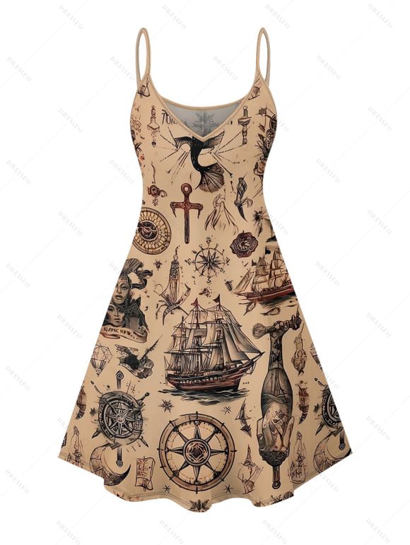 Vacation Couple Outfit Ocean Elements Ship Anchor Cross Pattern Spaghetti Strap Tank Dress and Button Up Shirt Vintage Matching Outfit - café S | US 4