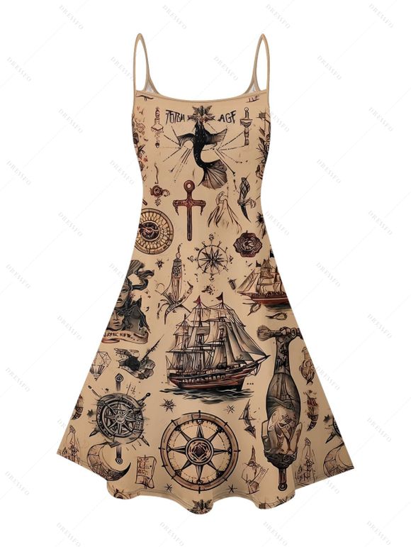 Vacation Couple Outfit Ocean Elements Ship Anchor Cross Pattern Spaghetti Strap Tank Dress and Button Up Shirt Vintage Matching Outfit - café S | US 4