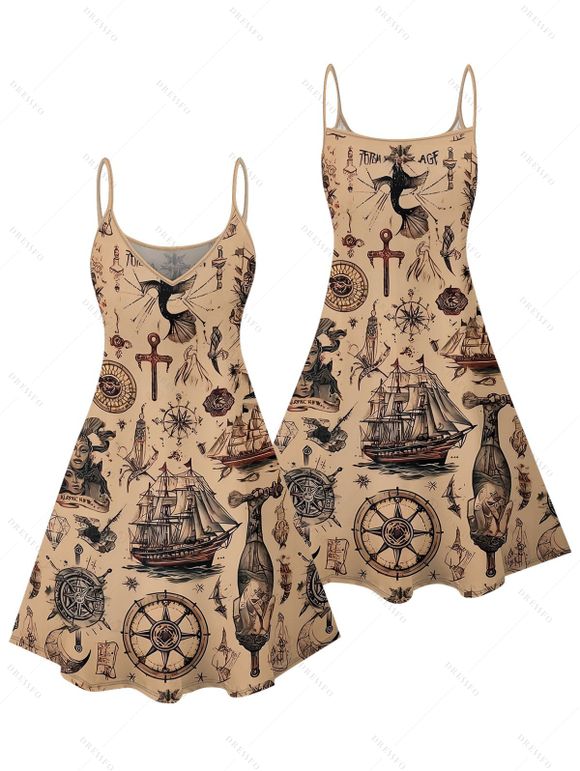 Vacation Couple Outfit Ocean Elements Ship Anchor Cross Pattern Spaghetti Strap Tank Dress and Button Up Shirt Vintage Matching Outfit - café S | US 4