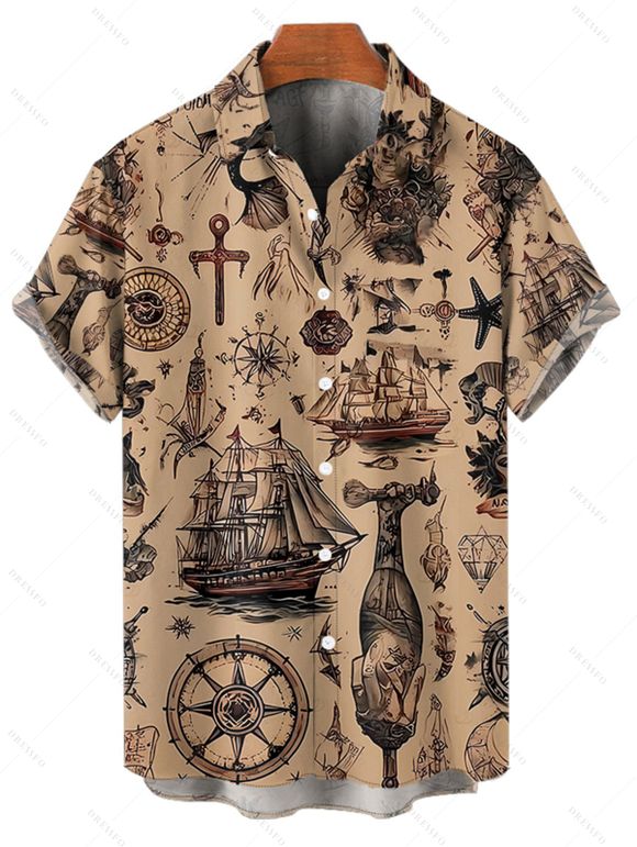 Vacation Couple Outfit Ocean Elements Ship Anchor Cross Pattern Spaghetti Strap Tank Dress and Button Up Shirt Vintage Matching Outfit - café S | US 4