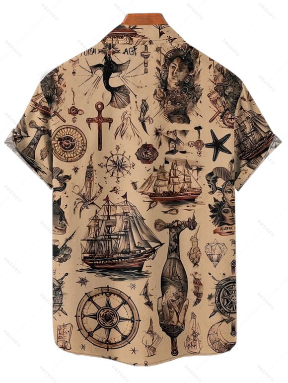 Vacation Couple Outfit Ocean Elements Ship Anchor Cross Pattern Spaghetti Strap Tank Dress and Button Up Shirt Vintage Matching Outfit - café S | US 4