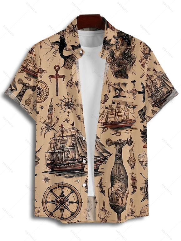 Vacation Couple Outfit Ocean Elements Ship Anchor Cross Pattern Spaghetti Strap Tank Dress and Button Up Shirt Vintage Matching Outfit - café S | US 4