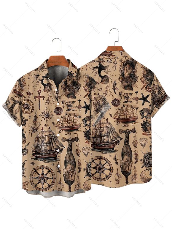 Vacation Couple Outfit Ocean Elements Ship Anchor Cross Pattern Spaghetti Strap Tank Dress and Button Up Shirt Vintage Matching Outfit - café S | US 4