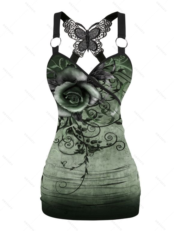 Débardeur de vacances froncé en dentelle avec motif tourbillonnant de fleurs et de feuilles ombré, bretelles à anneau en O, haut long décontracté - Vert profond XXL | US 14