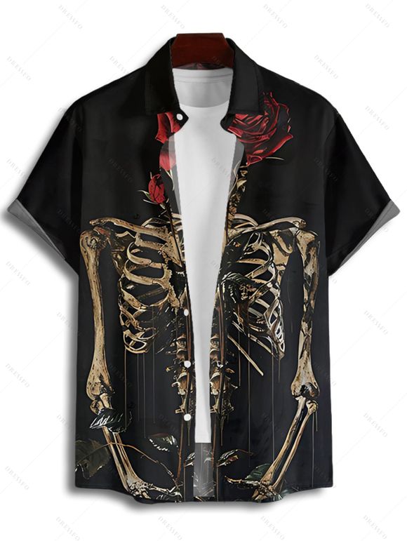Chemise gothique à manches courtes et boutons pour homme, motif squelette et roses, style vacances - Noir 4XL