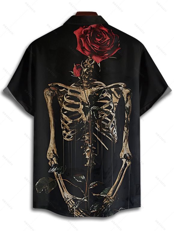 Chemise gothique à manches courtes et boutons pour homme, motif squelette et roses, style vacances - Noir 4XL