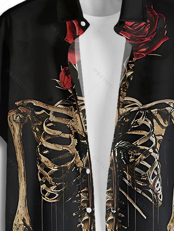 Chemise gothique à manches courtes et boutons pour homme, motif squelette et roses, style vacances - Noir 4XL