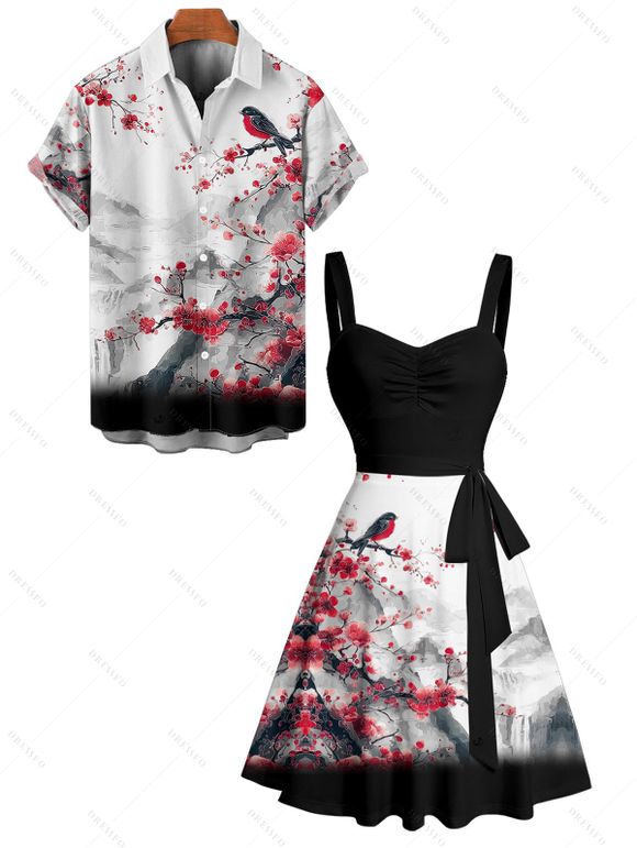 Vacation Couple Outfit Ink Painting Peach Blossom Bird Mountain Pattern Ruched Bust Belt Dress and Button Up Shirt Matching Outfit - Noir S | US 4