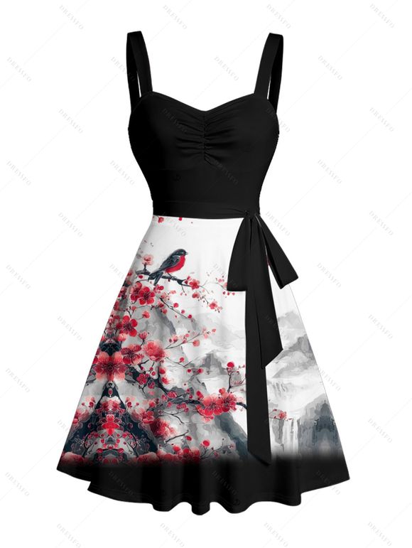 Vacation Couple Outfit Ink Painting Peach Blossom Bird Mountain Pattern Ruched Bust Belt Dress and Button Up Shirt Matching Outfit - Noir S | US 4