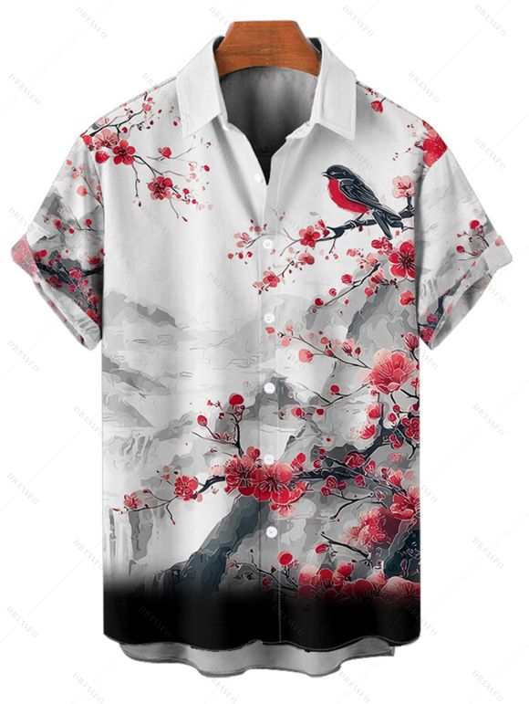 Vacation Couple Outfit Ink Painting Peach Blossom Bird Mountain Pattern Ruched Bust Belt Dress and Button Up Shirt Matching Outfit - Noir S | US 4