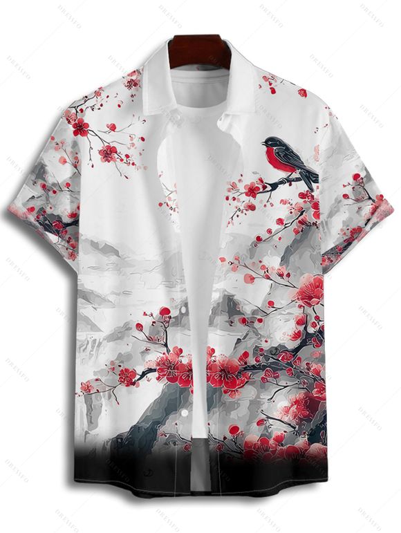 Vacation Couple Outfit Ink Painting Peach Blossom Bird Mountain Pattern Ruched Bust Belt Dress and Button Up Shirt Matching Outfit - Noir S | US 4