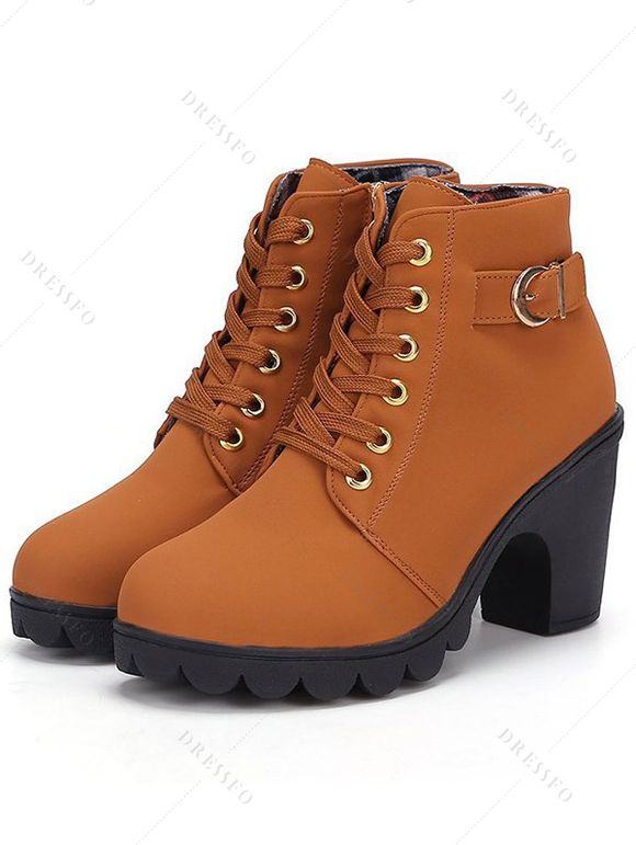 Solid Color Lace Up Buckle Strap Boots Chunky Heels Side Zipper Martin Boots - café EU 42