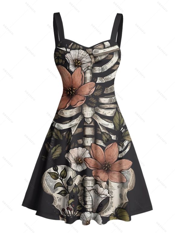 Robe gothique à motif de feuilles et de fleurs, buste froncé, col en cœur, mini robe de vacances trapèze - Noir XXXXXL | US 20