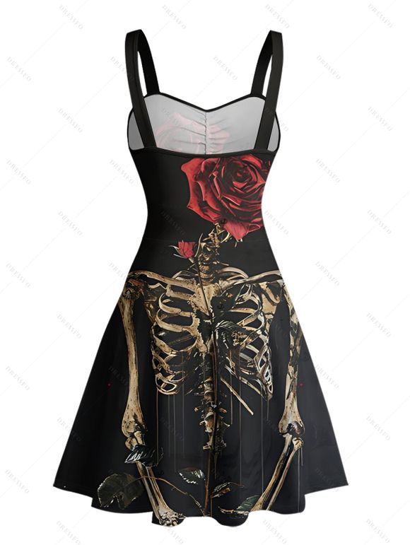 Gothic Couple Outfit Skeleton Rose Pattern Ruched Bust Sweetheart Neck A Line Mini Dress and Button Up Shirt Holiday Matching Outfit - Noir S | US 4