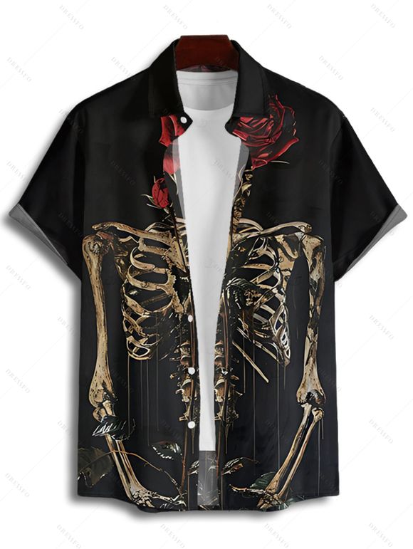 Gothic Couple Outfit Skeleton Rose Pattern Ruched Bust Sweetheart Neck A Line Mini Dress and Button Up Shirt Holiday Matching Outfit - Noir S | US 4