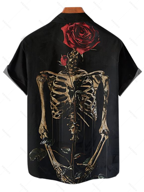 Gothic Couple Outfit Skeleton Rose Pattern Ruched Bust Sweetheart Neck A Line Mini Dress and Button Up Shirt Holiday Matching Outfit - Noir S | US 4