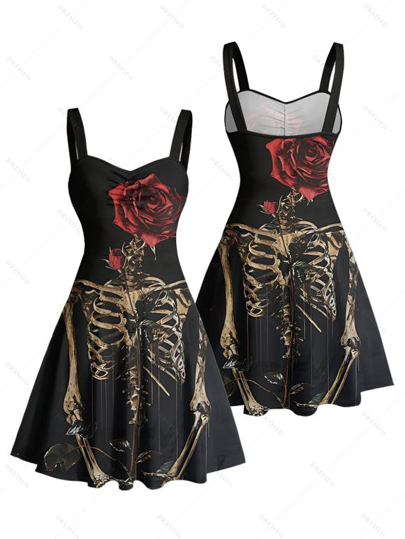 Robe gothique à motif de roses squelettes, buste froncé, col en cœur, mini robe de vacances trapèze - Noir XL | US 12