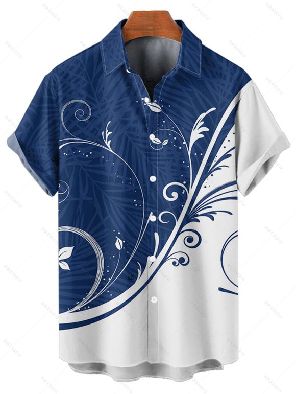 Chemise à manches courtes à imprimé feuilles colorblock, col rabattu et boutonnée, chemise de vacances - Bleu S