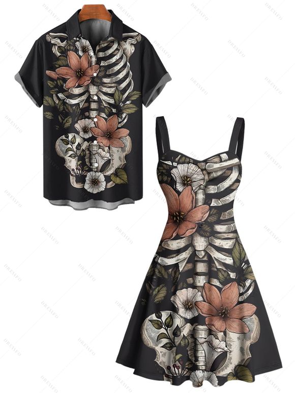Gothic Couple Outfit Skeleton Flower Leaf Pattern Ruched Bust Sweetheart Neck A Line Mini Dress and Button Up Shirt Holiday Matching Outfit - Noir S | US 4