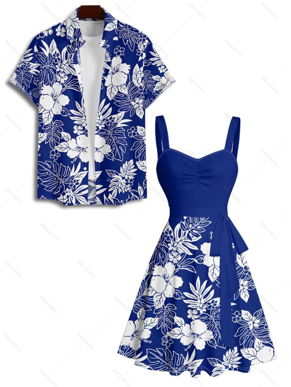 Vacation Couple Outfit Sketch Hibiscus Flower Leaf Pattern Ruched Bust Belt Dress and Button Up Shirt Casual Matching Outfit - Bleu S | US 4