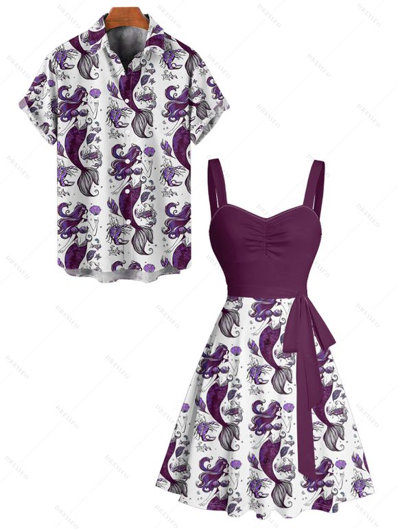 Vacation Couple Outfit Mermaid Fish Shell Marine Life Pattern Ruched Bust Belt Dress and Button Up Shirt Beach Matching Outfit - Concorde S | US 4