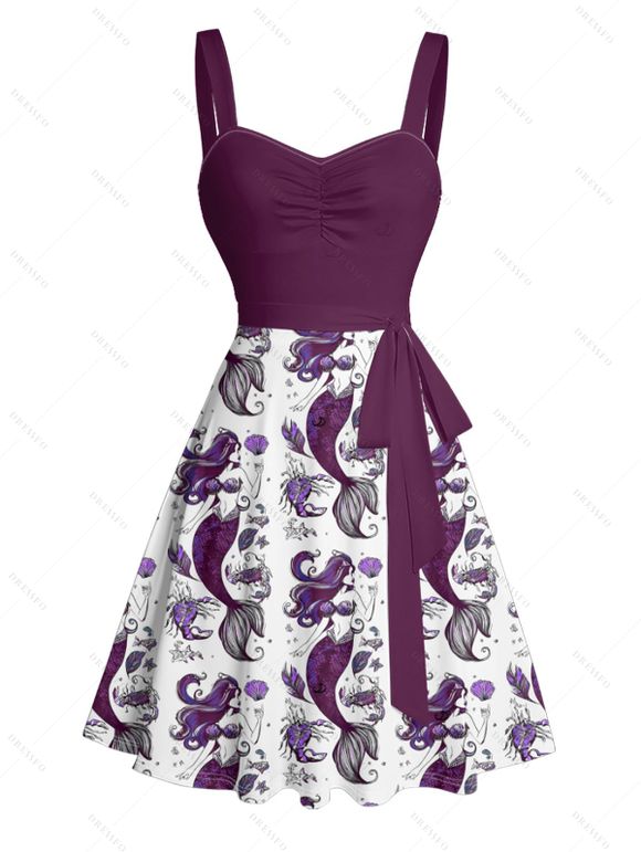 Vacation Couple Outfit Mermaid Fish Shell Marine Life Pattern Ruched Bust Belt Dress and Button Up Shirt Beach Matching Outfit - Concorde S | US 4