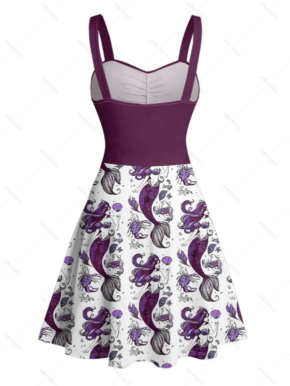 Vacation Couple Outfit Mermaid Fish Shell Marine Life Pattern Ruched Bust Belt Dress and Button Up Shirt Beach Matching Outfit - Concorde S | US 4