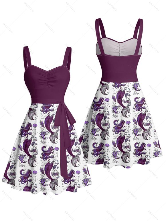 Vacation Couple Outfit Mermaid Fish Shell Marine Life Pattern Ruched Bust Belt Dress and Button Up Shirt Beach Matching Outfit - Concorde S | US 4