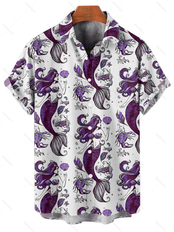 Vacation Couple Outfit Mermaid Fish Shell Marine Life Pattern Ruched Bust Belt Dress and Button Up Shirt Beach Matching Outfit - Concorde S | US 4