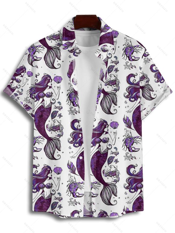 Vacation Couple Outfit Mermaid Fish Shell Marine Life Pattern Ruched Bust Belt Dress and Button Up Shirt Beach Matching Outfit - Concorde S | US 4